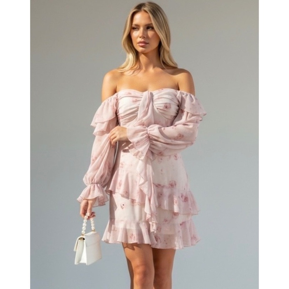 Pink Floral Y2K‎ Style Ruffle Mini Dress Size Large Coquette Cottagecore Rose